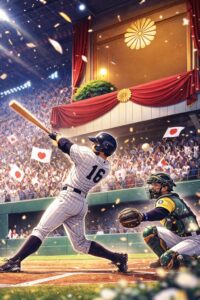 WBCの試合で日本代表の打者がスイングする瞬間を描いた野球スタジアムのイラスト