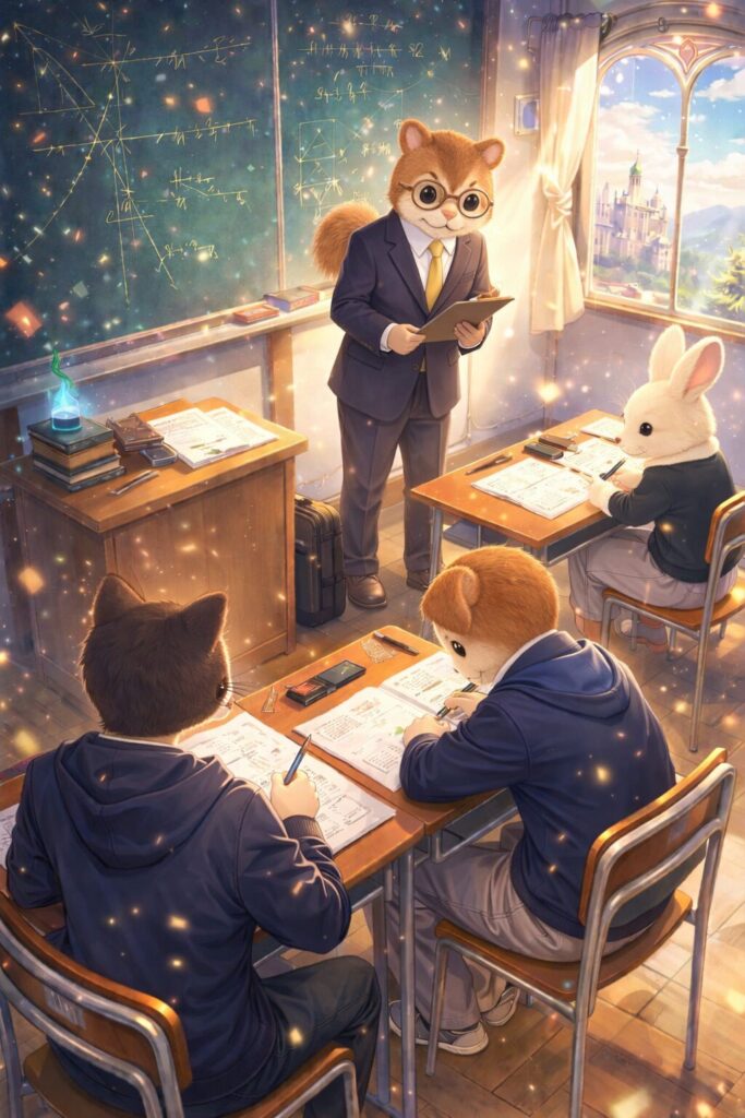 かわいい動物たちが教室で模試を受けているファンタジー風イラスト