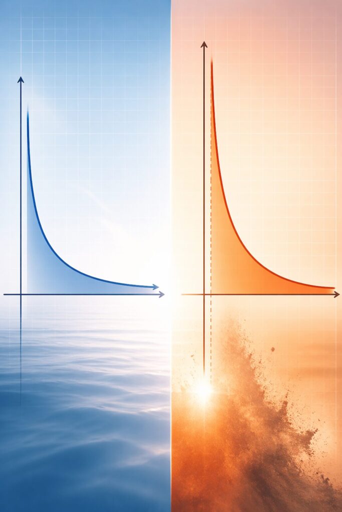 1/x²のグラフにおいて、無限大に向かう場合は面積が収束し、0に近づく場合は発散する様子を示した図
