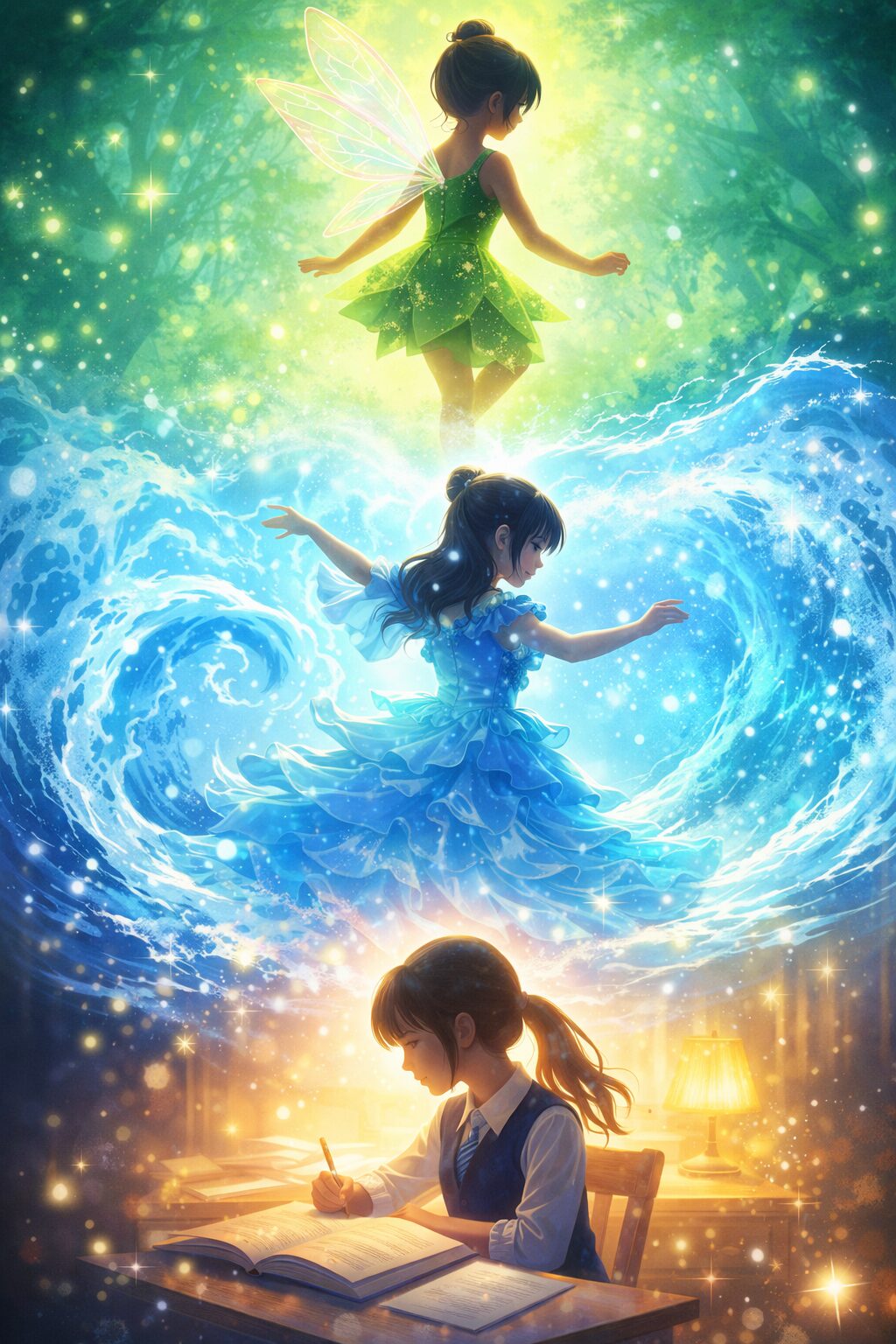 ダンスと勉強を両立する高校生の成長を表現したイラスト