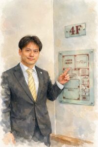 桑名駅前校の案内図を指し示す講師の水彩風イラスト