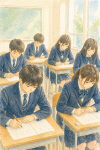 制服を着た中学生が教室で模試に取り組む様子の水彩風イラスト