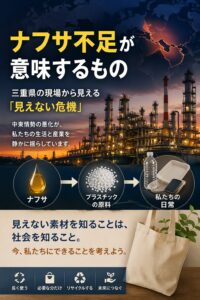 ナフサ不足による影響を示す図。中東からの供給不安が工業地帯を経て、プラスチック製品や日常生活へとつながる様子を表現した縦長ビジュアル。