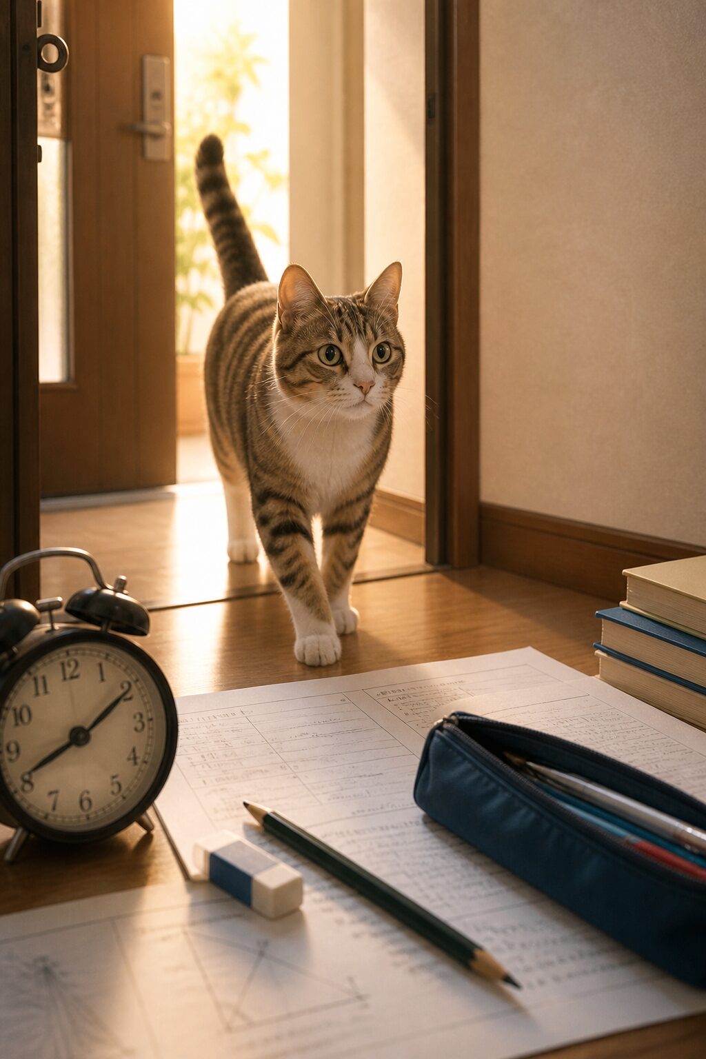 試験用紙と文房具が並ぶ机の前に、部屋へ入ってくる猫の様子