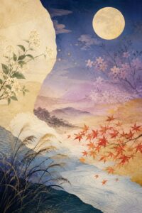 月夜と桜、紅葉、すすきが描かれた幻想的な和風イラスト。万葉集から新古今和歌集へと続く日本文学の美意識をイメージしている。