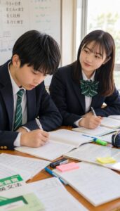 桑名高校風の制服を着た高校生の男女が、論理表現Ⅱのテスト勉強に集中している様子