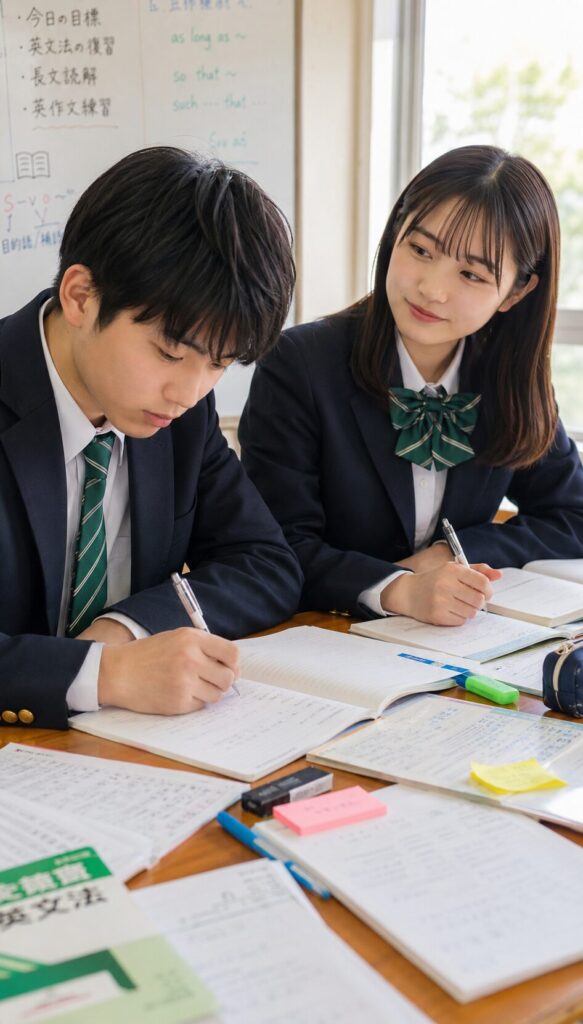 桑名高校風の制服を着た高校生の男女が、論理表現Ⅱのテスト勉強に集中している様子