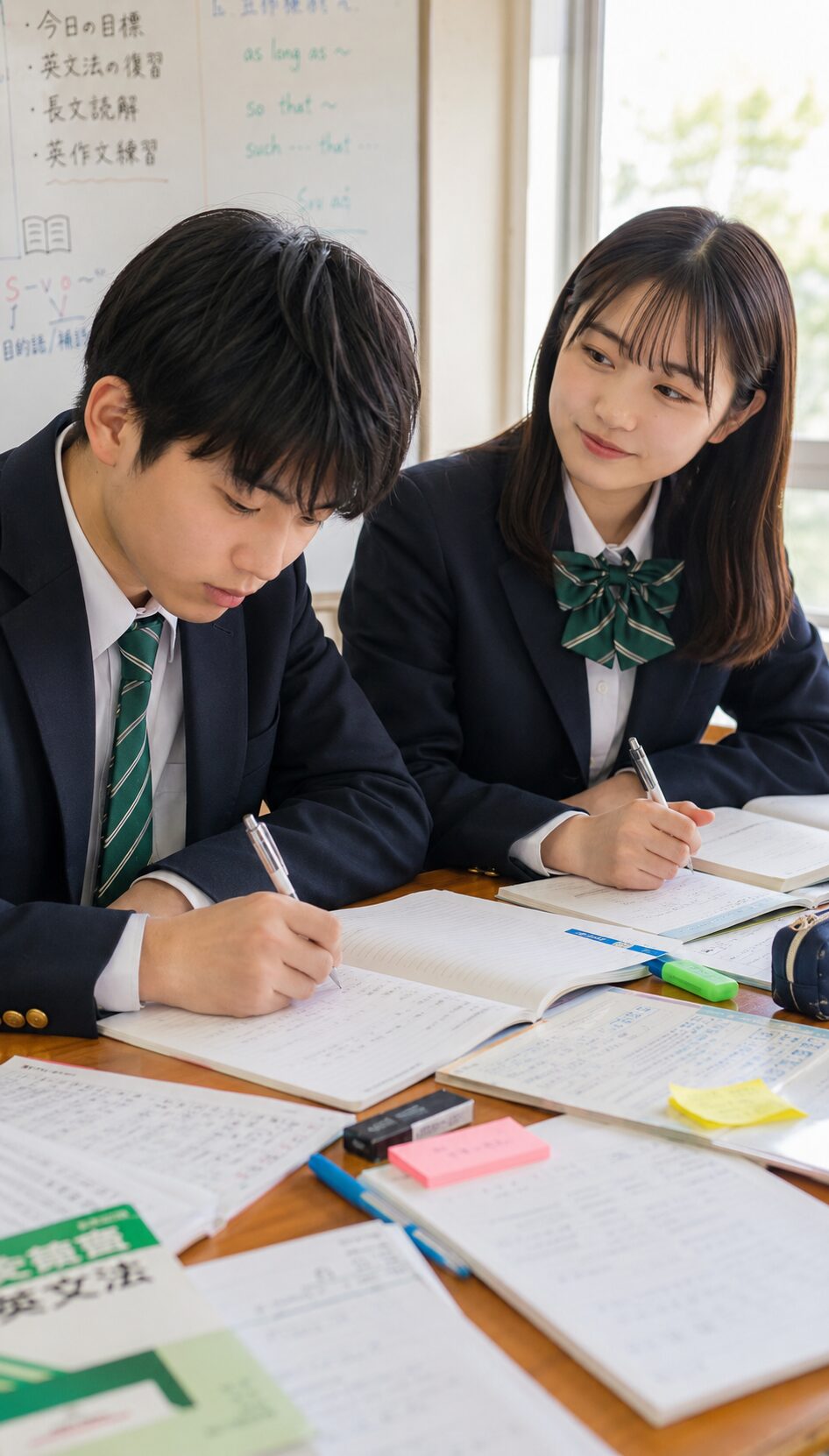 桑名高校風の制服を着た高校生の男女が、論理表現Ⅱのテスト勉強に集中している様子
