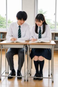桑名高校の制服を着た高校2年生の男女が、教室で数列の勉強をしている様子桑名高校の制服を着た高校2年生の男女が、教室で数列の勉強をしている様子
