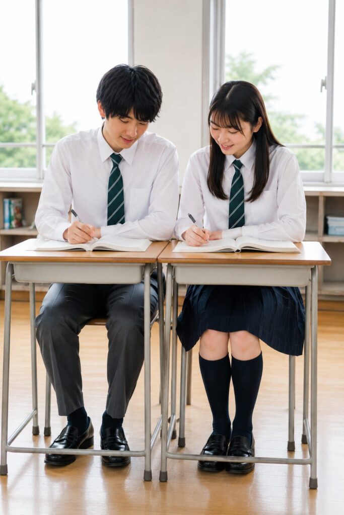 桑名高校の制服を着た高校2年生の男女が、教室で数列の勉強をしている様子桑名高校の制服を着た高校2年生の男女が、教室で数列の勉強をしている様子