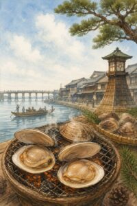 江戸時代の桑名宿を背景に、炭火で焼かれる桑名名物の焼き蛤を描いたイラスト