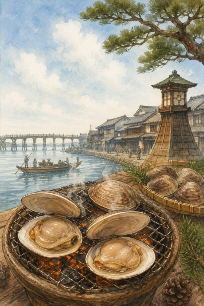 江戸時代の桑名宿を背景に、炭火で焼かれる桑名名物の焼き蛤を描いたイラスト