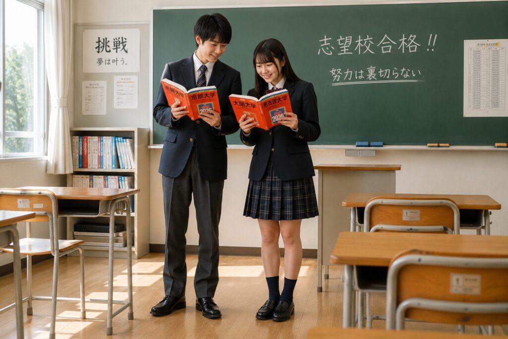 教室で赤本を見比べながら大学受験の数学について話し合う高校生男女