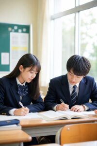 教室で並んで勉強する制服姿の高校生の男女