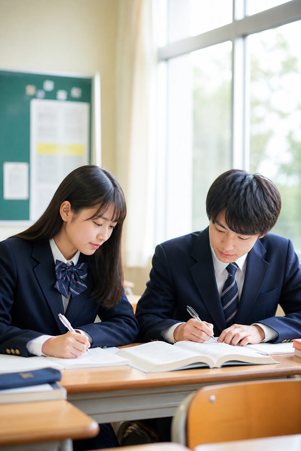 教室で並んで勉強する制服姿の高校生の男女