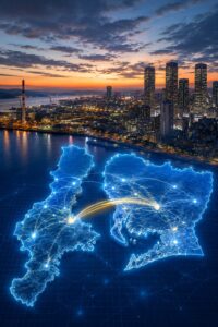 夕暮れの東海圏都市風景を背景に、三重県と愛知県をデジタルネットワークで結んだ地域金融再編イメージ