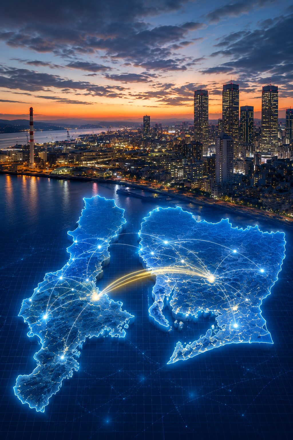 夕暮れの東海圏都市風景を背景に、三重県と愛知県をデジタルネットワークで結んだ地域金融再編イメージ