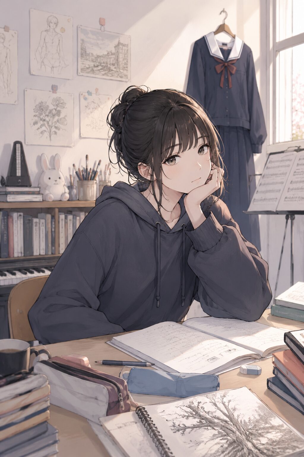 勉強机でノートを広げながら考え込む、四日市高校卒業生をイメージした女子学生のイラスト
