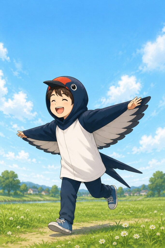 ツバメの着ぐるみを着た子どもが青空の下で楽しそうに遊んでいるイラスト
