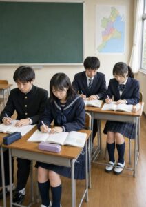 教室で勉強する制服姿の中学生4人。黒板の横には三重県の地図が掲示されている。