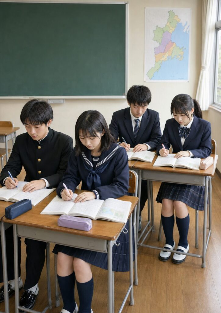 教室で勉強する制服姿の中学生4人。黒板の横には三重県の地図が掲示されている。