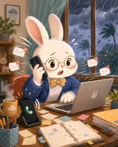 暴風警報の日に、ウサギのスタッフが電話とメールで慌ただしく連絡しているイラスト