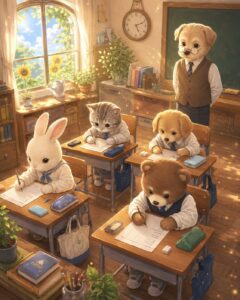 かわいい動物の生徒たちが教室で模試を受けているイラスト