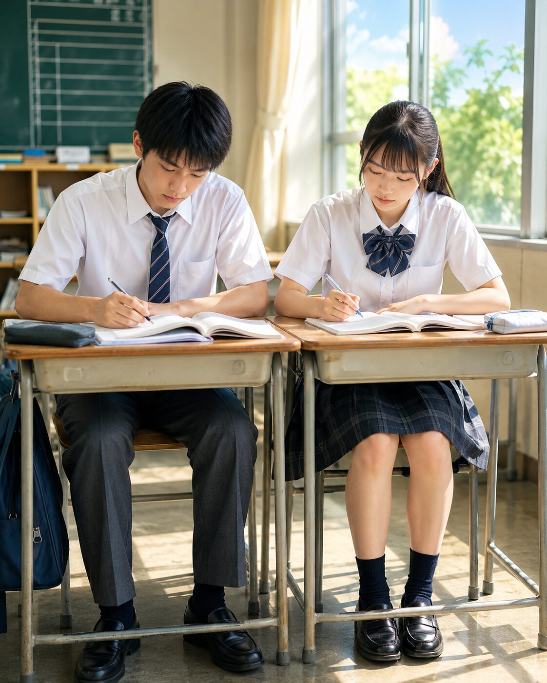 夏の制服を着た男女の中学生が、明るい教室で机に向かって勉強している様子。