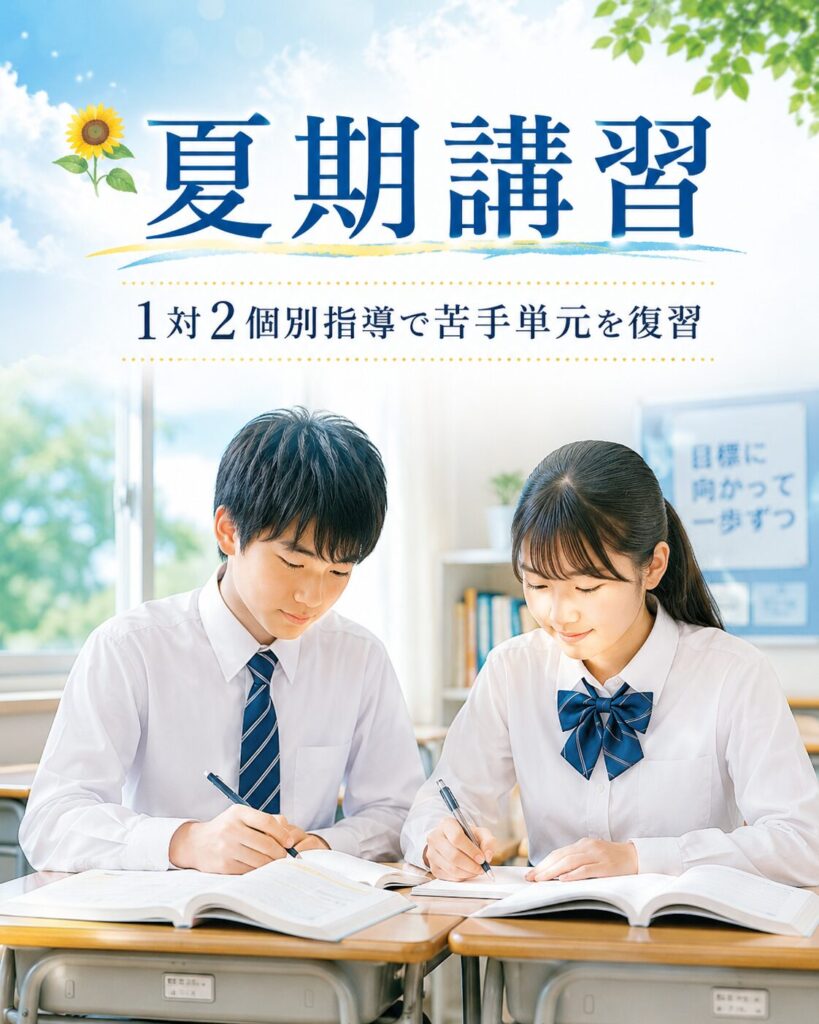 夏期講習の案内画像。教室で制服姿の男女2人が机に向かって勉強しており、上部に「夏期講習」「1対2個別指導で苦手単元を復習」と書かれている。