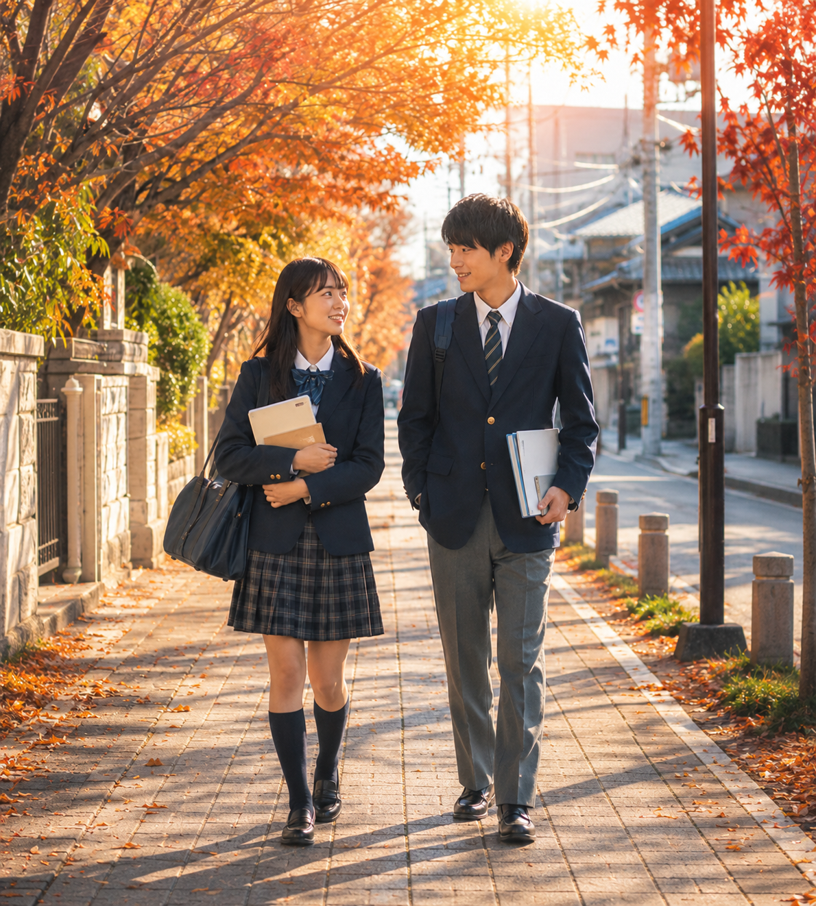 紅葉した街並みを教材を持って歩く制服姿の中学生男女