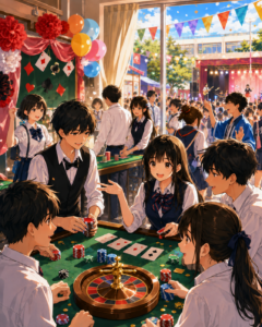 四日市高校の文化祭をイメージしたイラスト。教室内のカジノ風ゲーム企画と、にぎやかな文化祭の雰囲気が描かれている。
