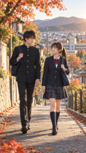 秋の街を歩く制服姿の中学3年生の男女