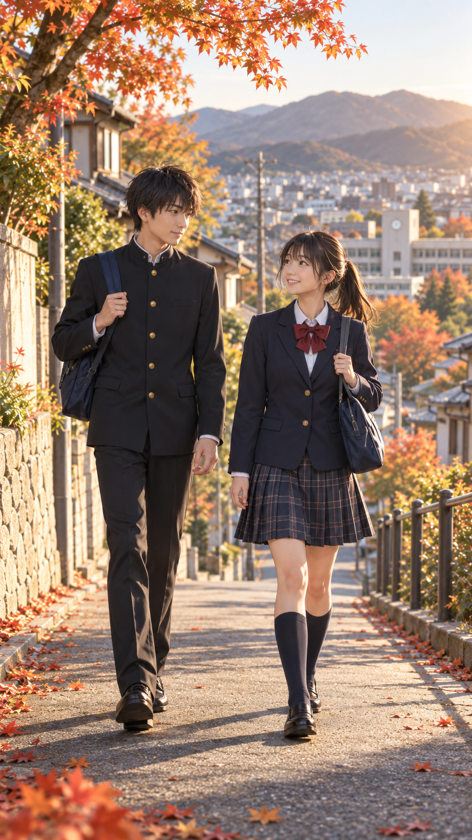 秋の街を歩く制服姿の中学3年生の男女