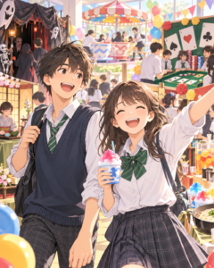 桑名高校の文化祭をイメージしたイラスト。男女の高校生が笑顔で文化祭を楽しみ、背景にお化け屋敷、カジノ風企画、屋台などが描かれている。