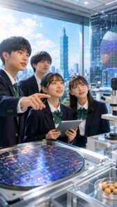 台湾の半導体研究施設を見学する、桑名高校をイメージした制服姿の高校生たち