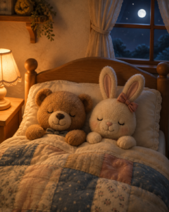 ベッドで並んで眠るクマとウサギのぬいぐるみ