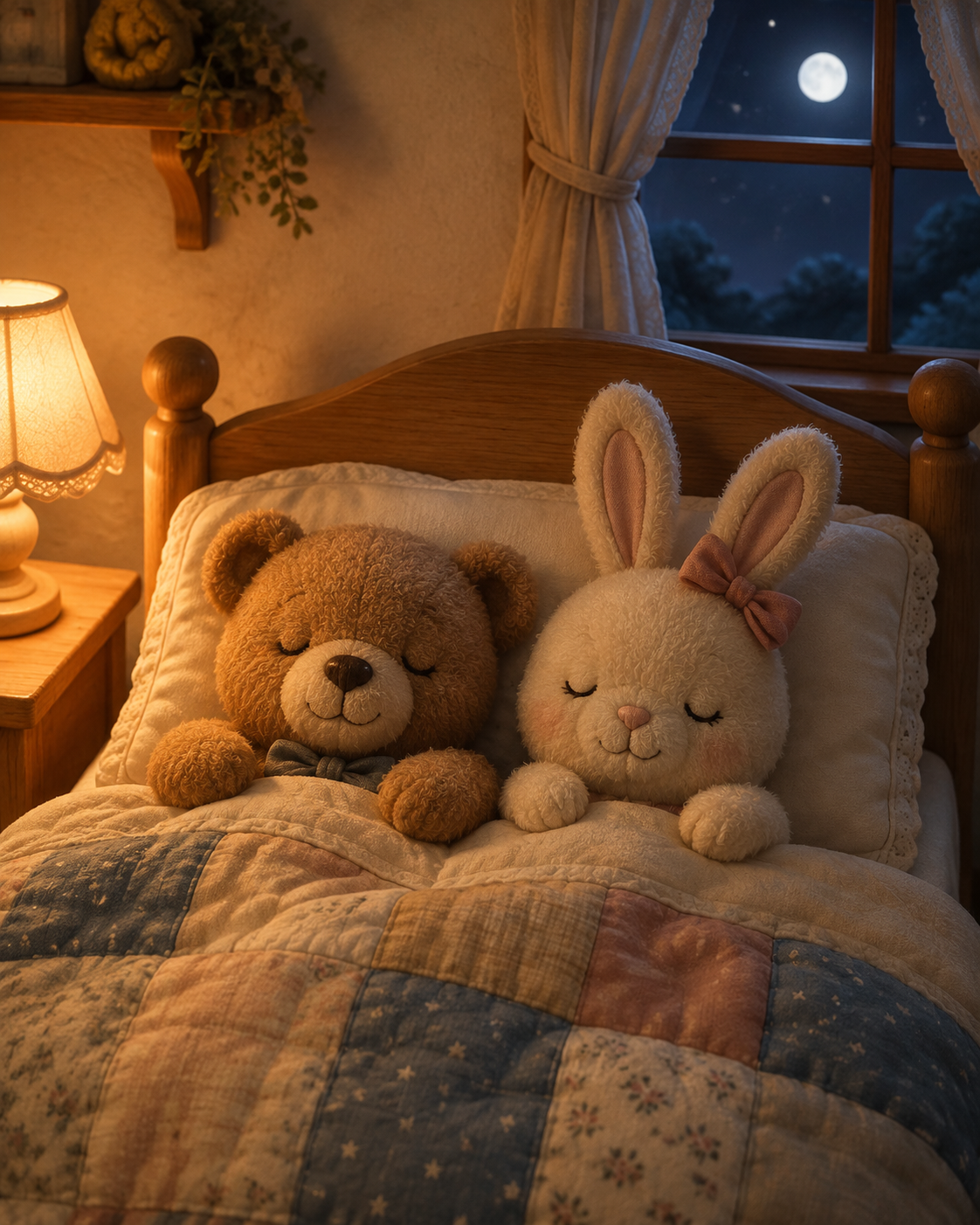 ベッドで並んで眠るクマとウサギのぬいぐるみ