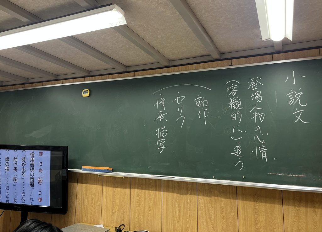 千尋進学塾の中学3年生国語の授業で使用した黒板。小説文の読解について「登場人物の心情」を客観的に捉えるため、動作・セリフ・情景描写など本文中の根拠に着目して読む方法を板書している。高校入試の国語で、感覚だけに頼らず本文から根拠を探して考える読解指導の様子。