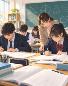 高校入試に向けて問題演習に取り組む中学生と指導する講師のイラスト