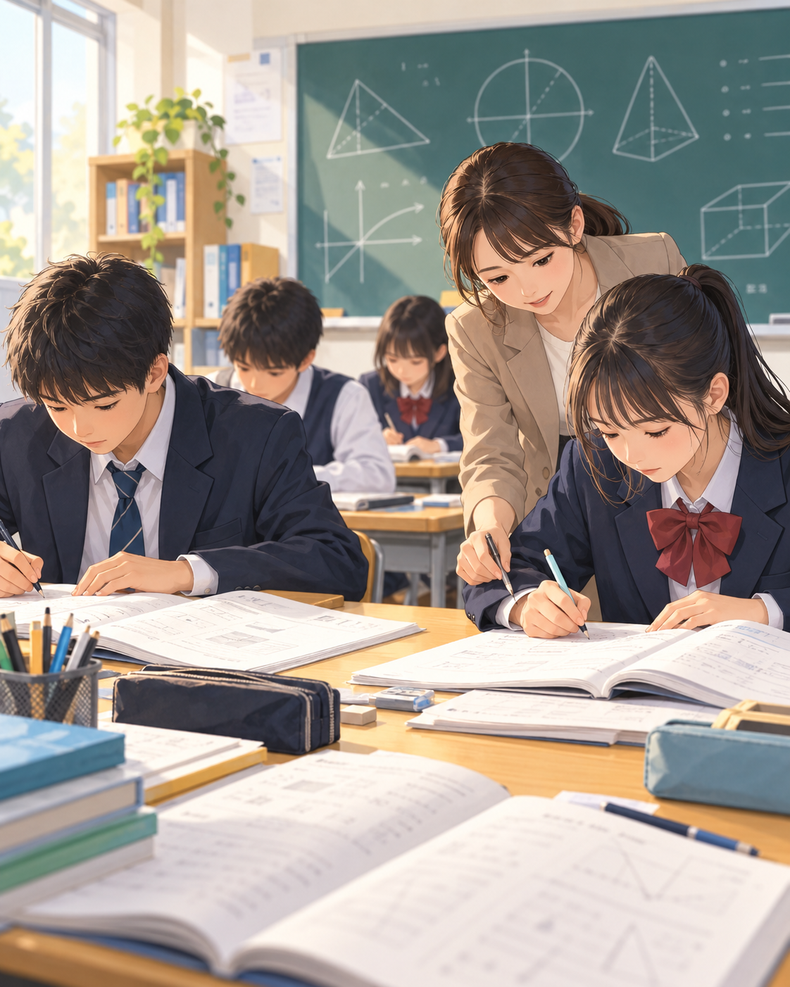 高校入試に向けて問題演習に取り組む中学生と指導する講師のイラスト