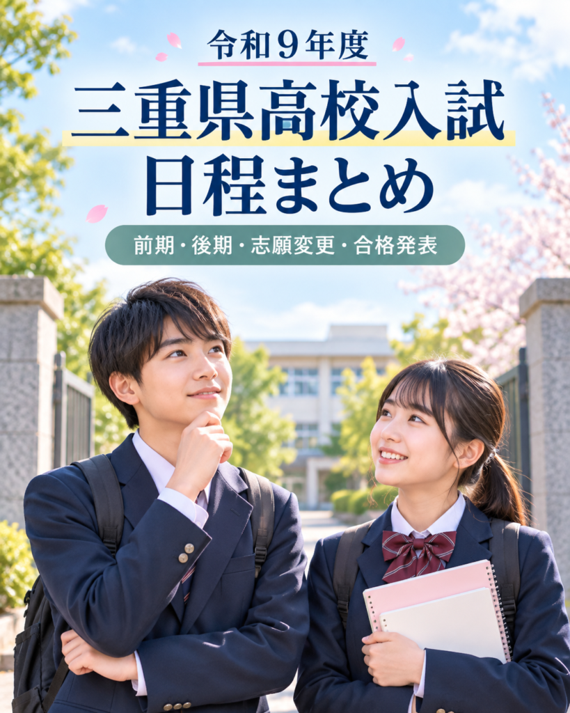 令和9年度三重県高校入試の日程について話し合う、校門前の制服姿の中学生男女