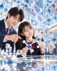 紺色の制服を着た男女の生徒が、透明な分子模型を観察している。背景には分子構造や鏡による反射を思わせる光景が広がる。