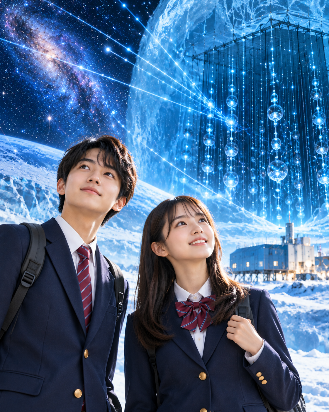 紺色の制服を着た男女の生徒が、南極の氷と星空を背景に、青く光るニュートリノ観測装置のイメージを見上げている。