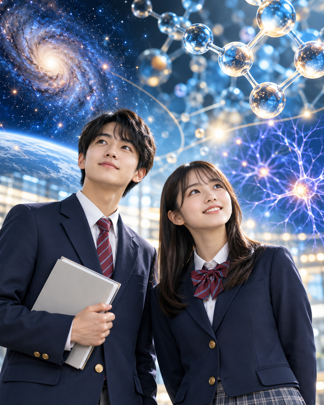 紺色の制服を着た男女の生徒が、宇宙や分子模型、神経細胞を思わせる光の広がりを見上げている。