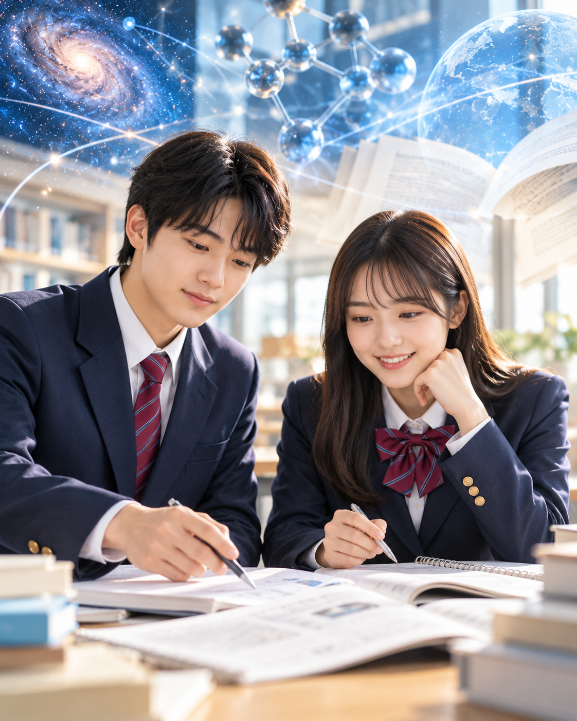 紺色の制服を着た男女の生徒が机に向かい、問題集や資料を一緒に確認している。背景には宇宙や分子模型を思わせる光景が広がる。