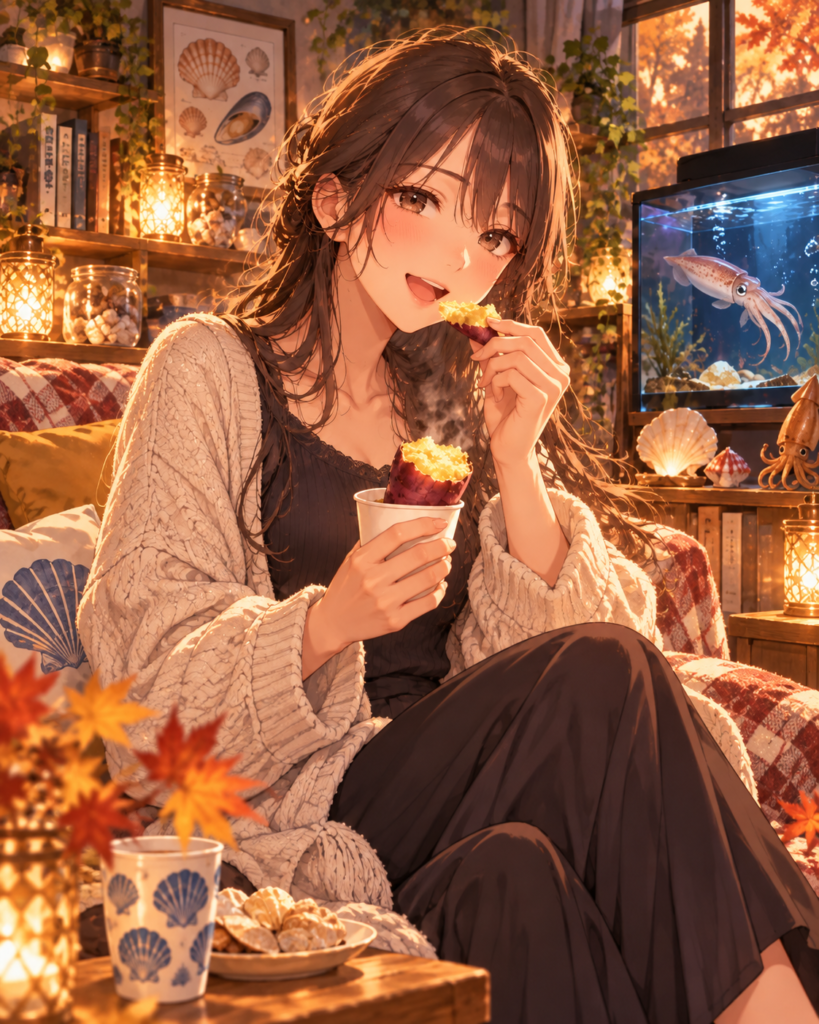 秋の部屋で焼き芋を食べる若い女性と、イカが泳ぐ水槽を描いたアニメ調イラスト
